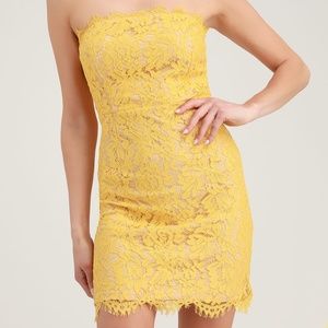 WEDDING GUEST DRESS‼️ ♥️ NWT LULUS Yellow Lace Strapless Mini Dress
